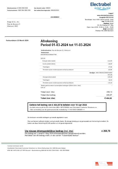 Belgium Electrabel electricity business utility bill template, fully editable in Word and PDF format